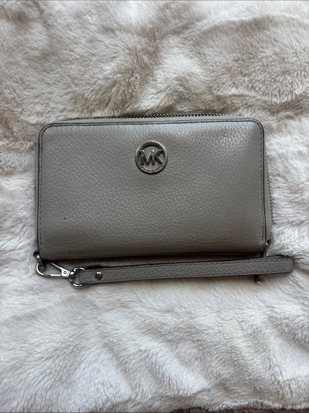 Michael Kors Gray Leather Zip Wristlet with MK Logo